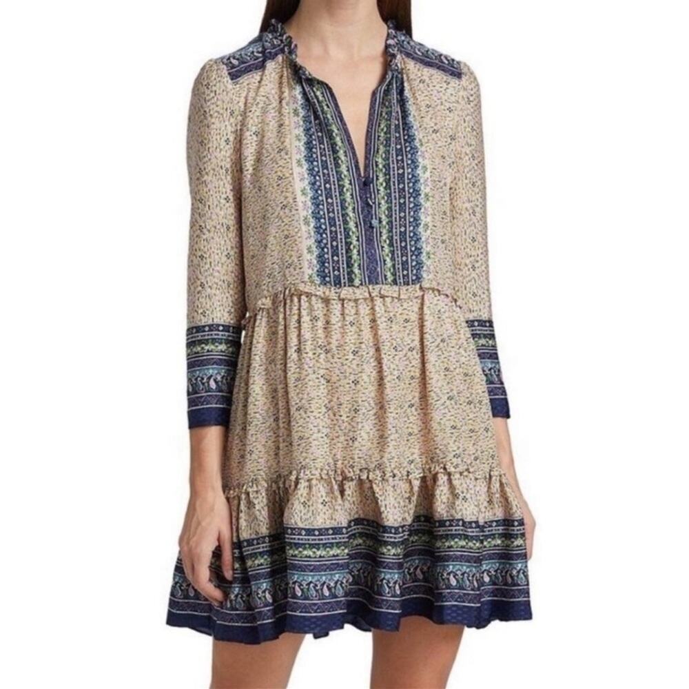 Veronica Beard Lumi 100% silk dress ruffle hem knee length tan navy size 14 NEW